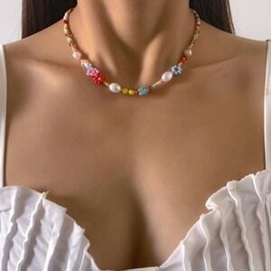 Beaded Necklace Colorful Flower Pearl Accent Trendy Funkycore Y2K